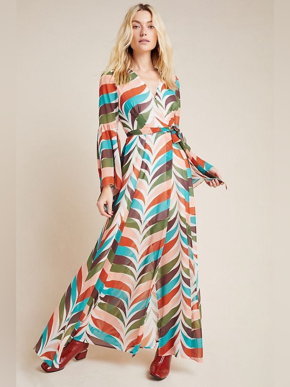 NWT Hutch Elysees Geometric Wrap Maxi Dress, Teal, Coral & Olive - Anthropologie
